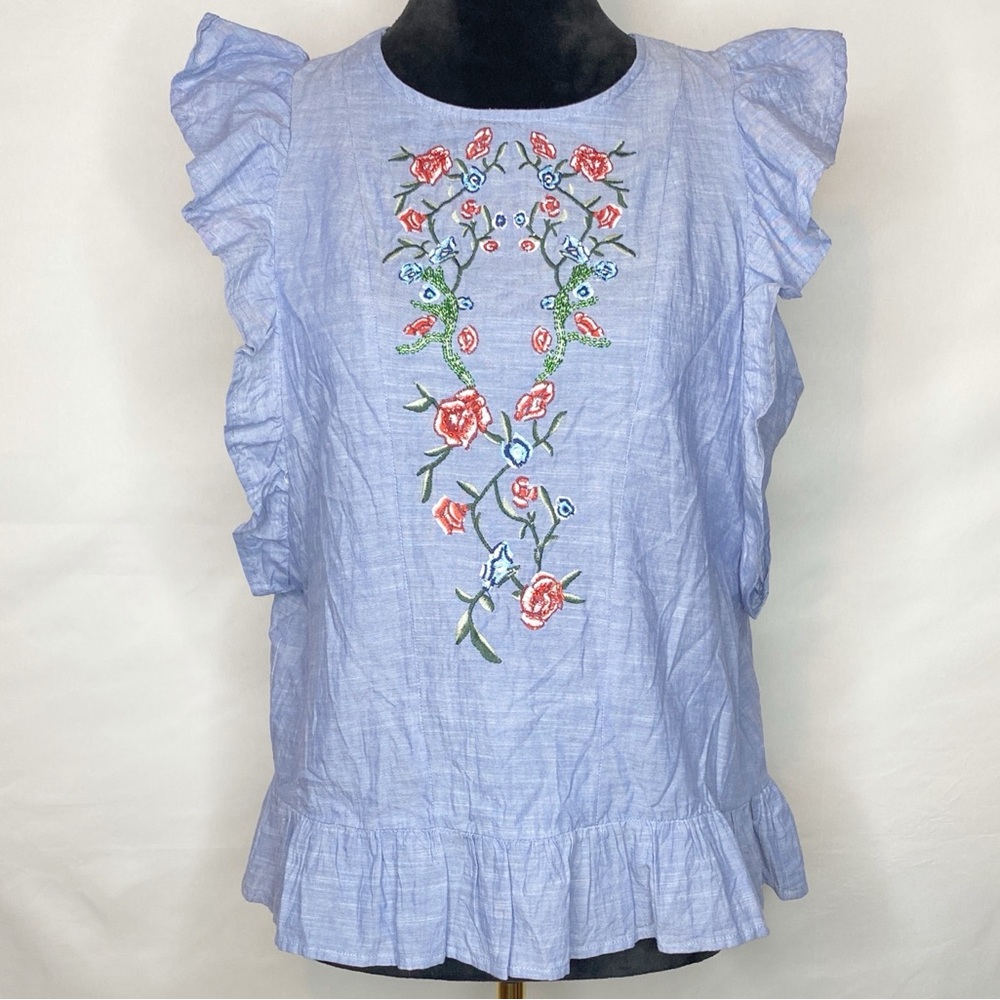 Dex Light Blue Cotton Beaded Embroidered Floral Ruffle Open Back Unlined Blouse